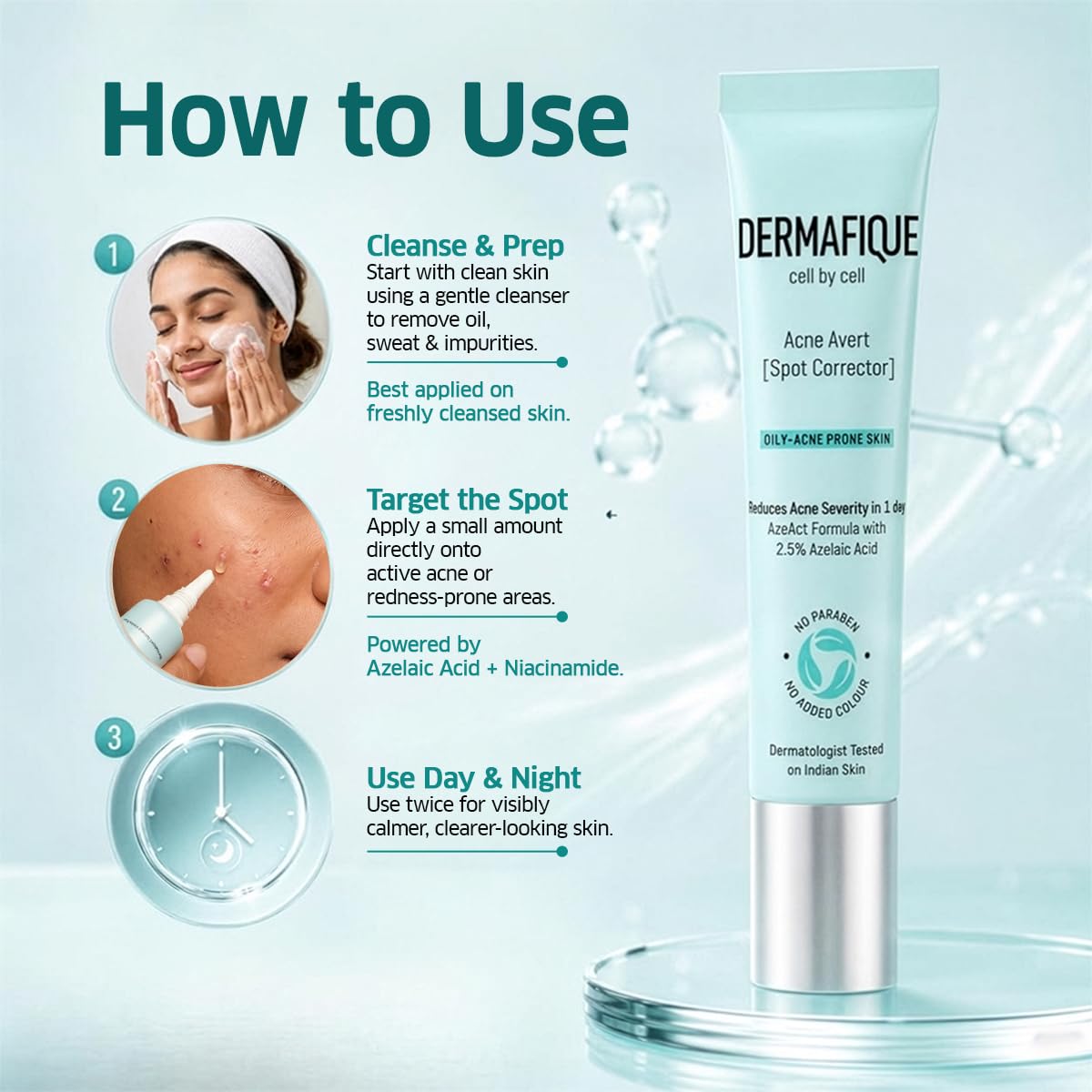 Dermafique Acne Spot Corrector Gel 10ml|Clinically tested to reduce Acne Severity in 1 Day*|2.5% Azelaic Acid & Niacinamide|Oily/Pimple Prone/Dry/Sensitive Skin