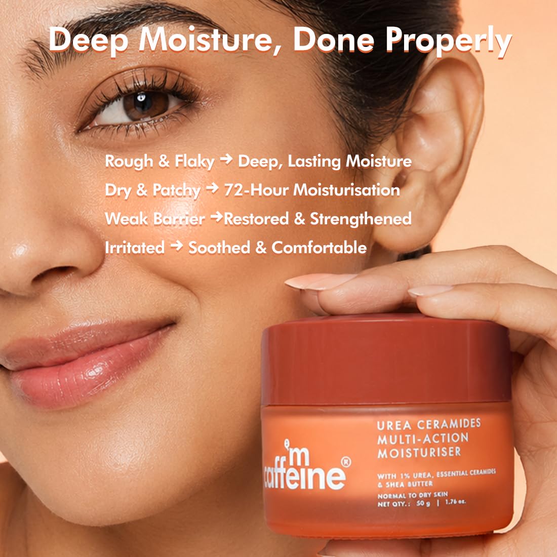 mCaffeine Multi-Action Moisturiser with Urea & Ceramides | Clinically Proven 72 Hr Moisturisation | Deep Barrier Repair | Normal to Dry Skin | 3 Essential Ceram