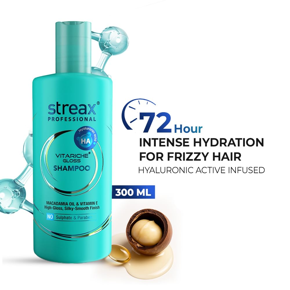 Streax Professional Vitariche Gloss Shampoo with Hyaluronic Acid -300ml, Sulfate-Free Shampoo for Dry, Damaged & Frizzy Hair, Hydrating & Nourishing Shampoo wit