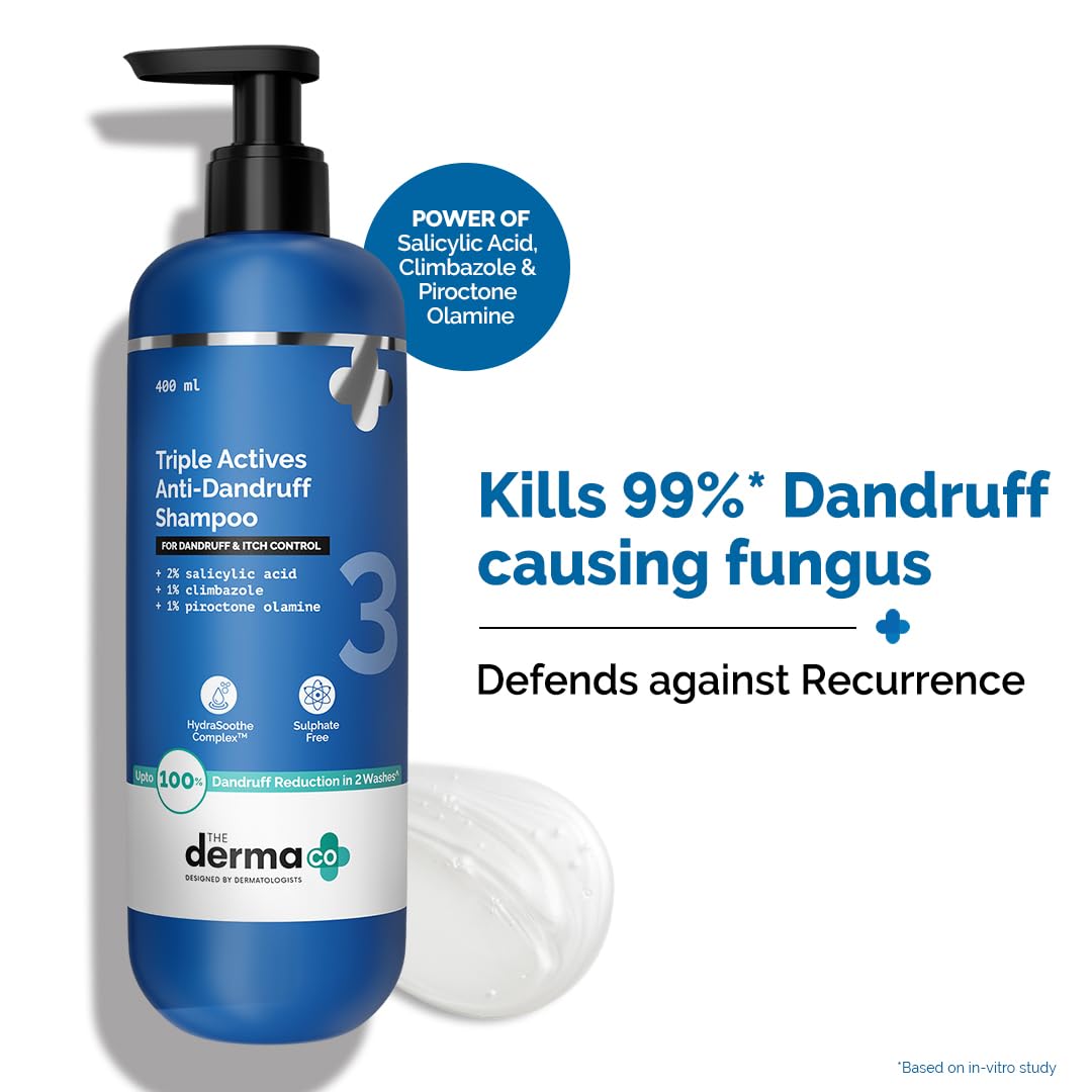 The Derma Co Triple Actives Anti-Dandruff Shampoo | Up To 100%* Dandruff Reduction | 2% Salicylic Acid + 1% Climbazole + 1% Piroctone Olamine & Menthol | ZPTO-Free | pH 5.5, Non-Drying & Sulphate-Free formula | Suitable for Men & Women | 400 ml