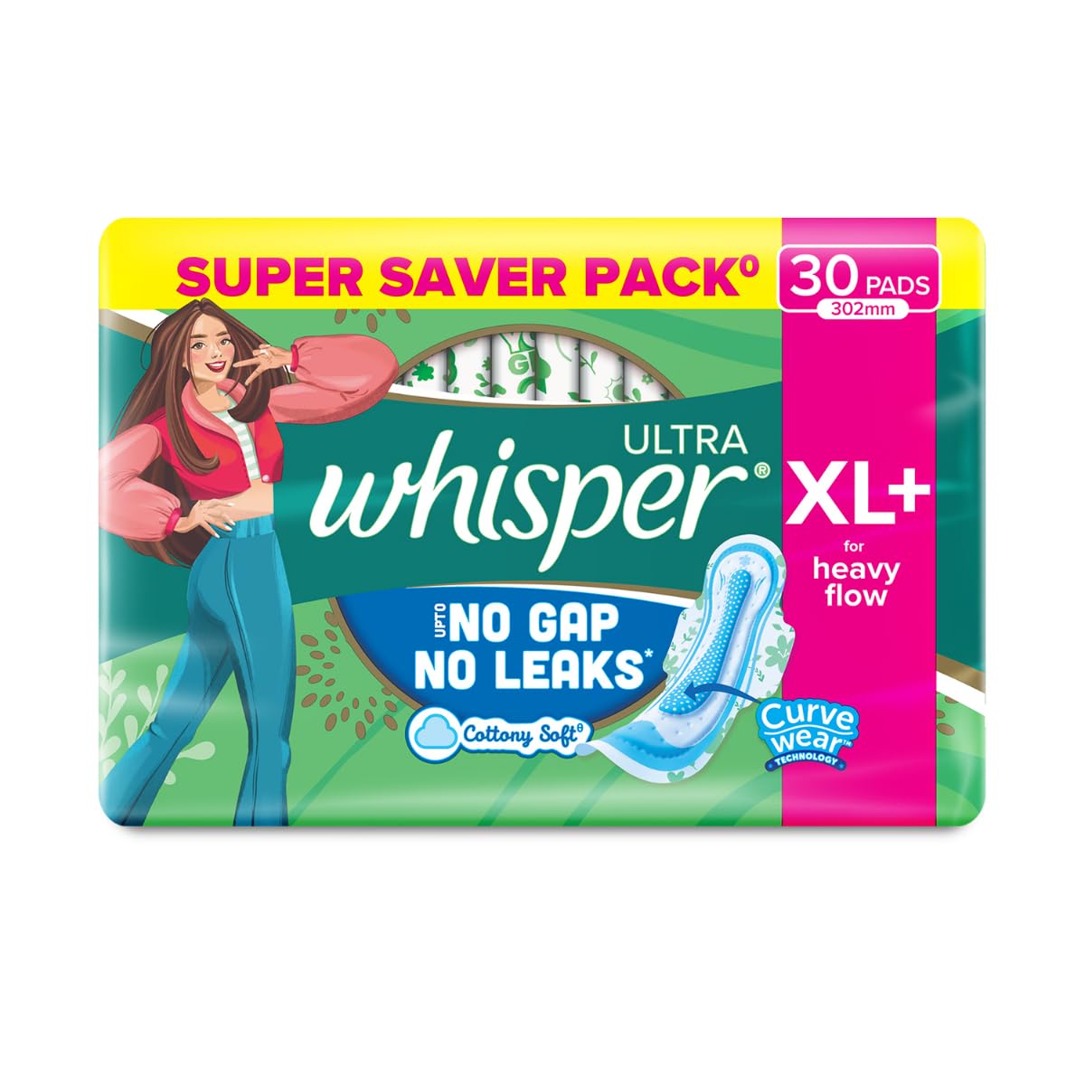 Whisper Ultra Clean Sanitary Pads for Women, XL+ 30 Napkins 30 Counts 30