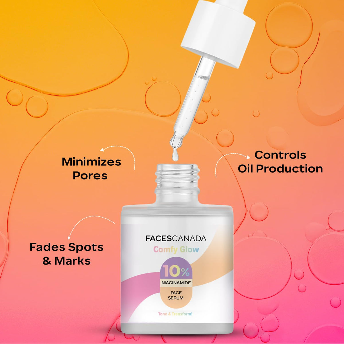 FACES CANADA Comfy Glow 10% Niacinamide Face Serum - 15ml | Controls Oil | Fades Spots & Marks | Minimizes Pores | Brightens Tone & Refines Skin Texture | Light