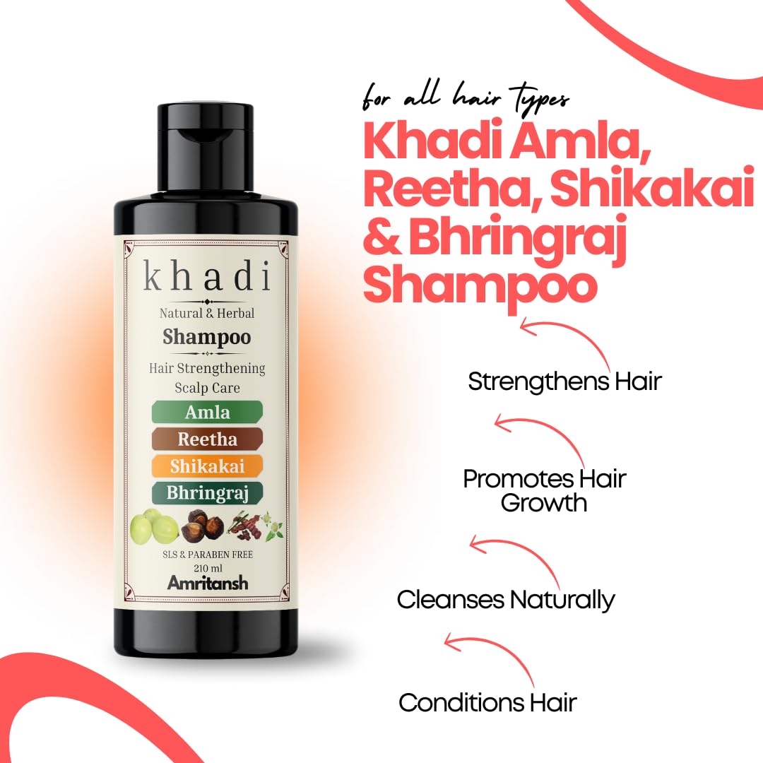 Khadi Amla, Reetha, Shikakai & Bhringraj Shampoo | Strengthening, Growth & Scalp Health | Sulfate & Paraben Free | 210 ml – By AMRITANSH