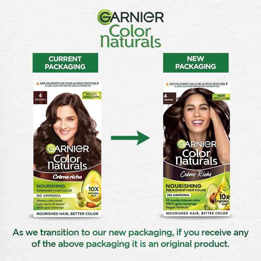 Garnier, Hair Colouring Creme, Long-lasting Colour, Smoothness & Shine, Color Naturals, Shade: 4 Brown, 70ml + 60g (PACK OF 2) 260g