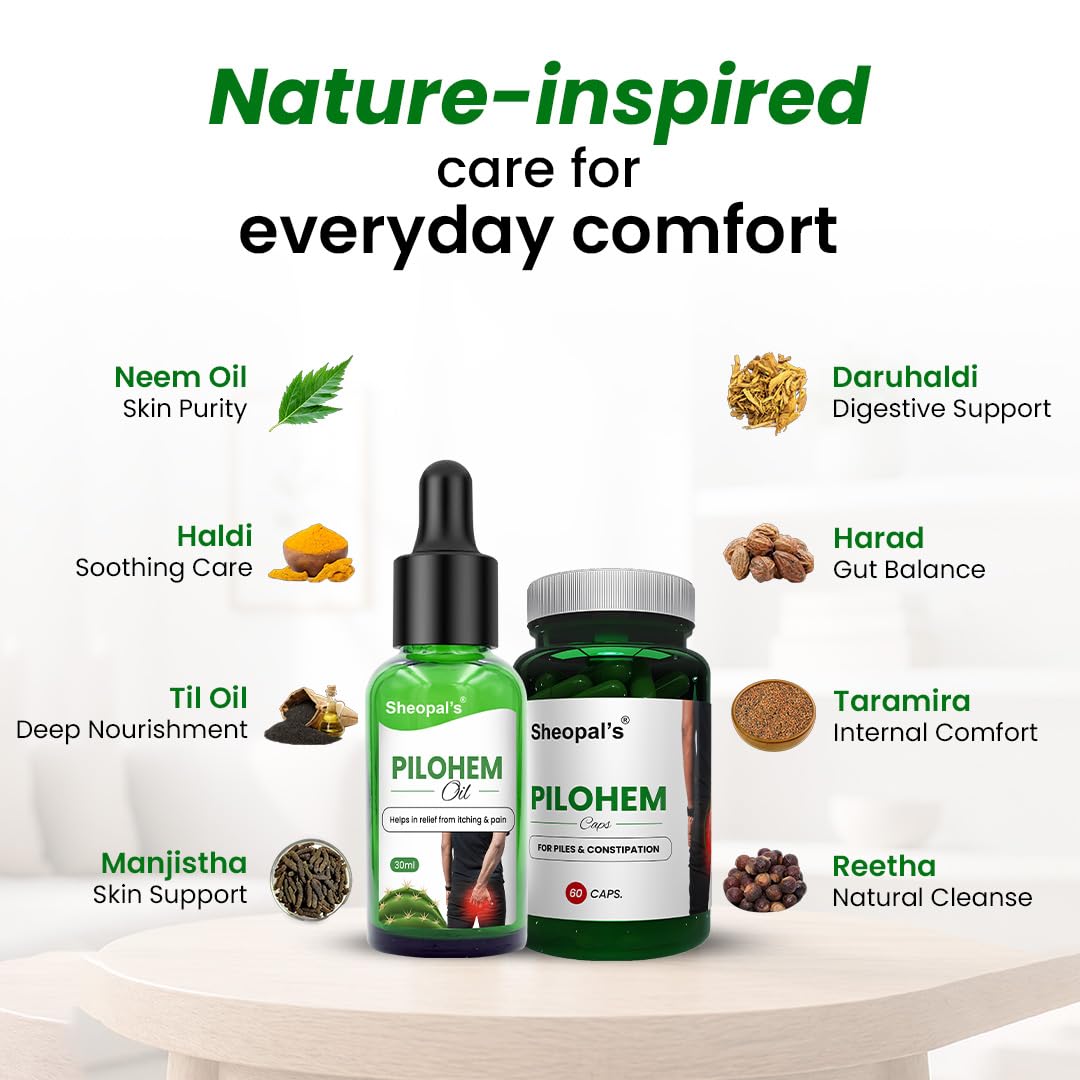 Sheopal's Pilohem combo 60 Capsule with 30ml Oil | Piles Care Ayurvedic | Fissure, Fistula | Gas & Constipation., Daruhaldi, Hara, Reetha 6 Other Herbs PilohemO
