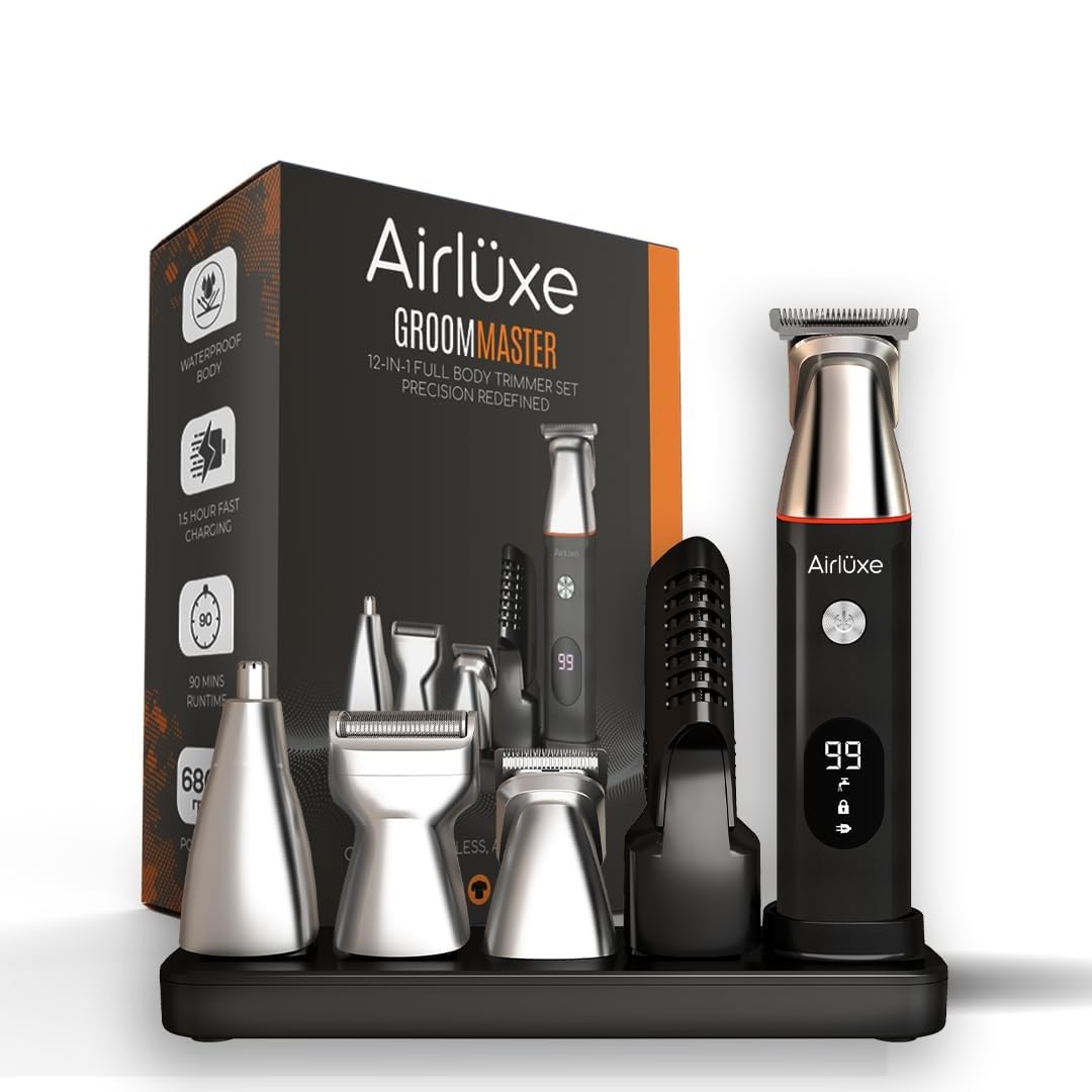 Airluxe GroomMaster 12-in-1 Body Trimmer for Men | Full Body Grooming Kit with Precision, Body, Nose & Ear Trimmer, Foil Shaver | IPX7 | LED Display | 90 Min Ru