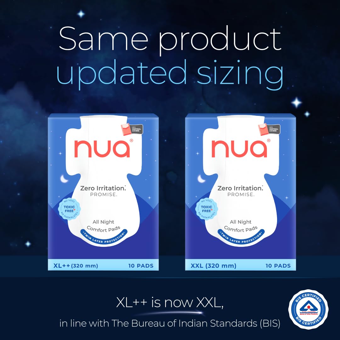 Nua All Night Comfort Sanitary Pads | Pack of 10 (XL++ 320mm) | Twin Layer Protection | 50% Wider Back and Anti Stain Wings | Upto 10 Hours of Absorption | Supe