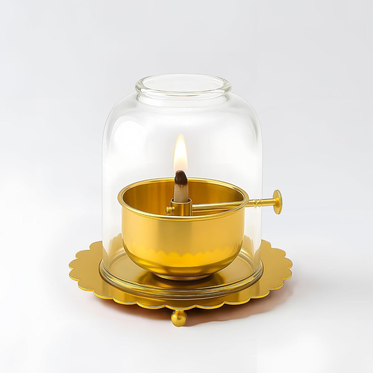 Brass Akhand Jyoti Diya Oil Lamp with Adjustable Bati Knob | Lifting Screw Wick Holder & Borosilicate Glass Cover | Large Size, 200 ml Oil Capacity, Stay Lit fo