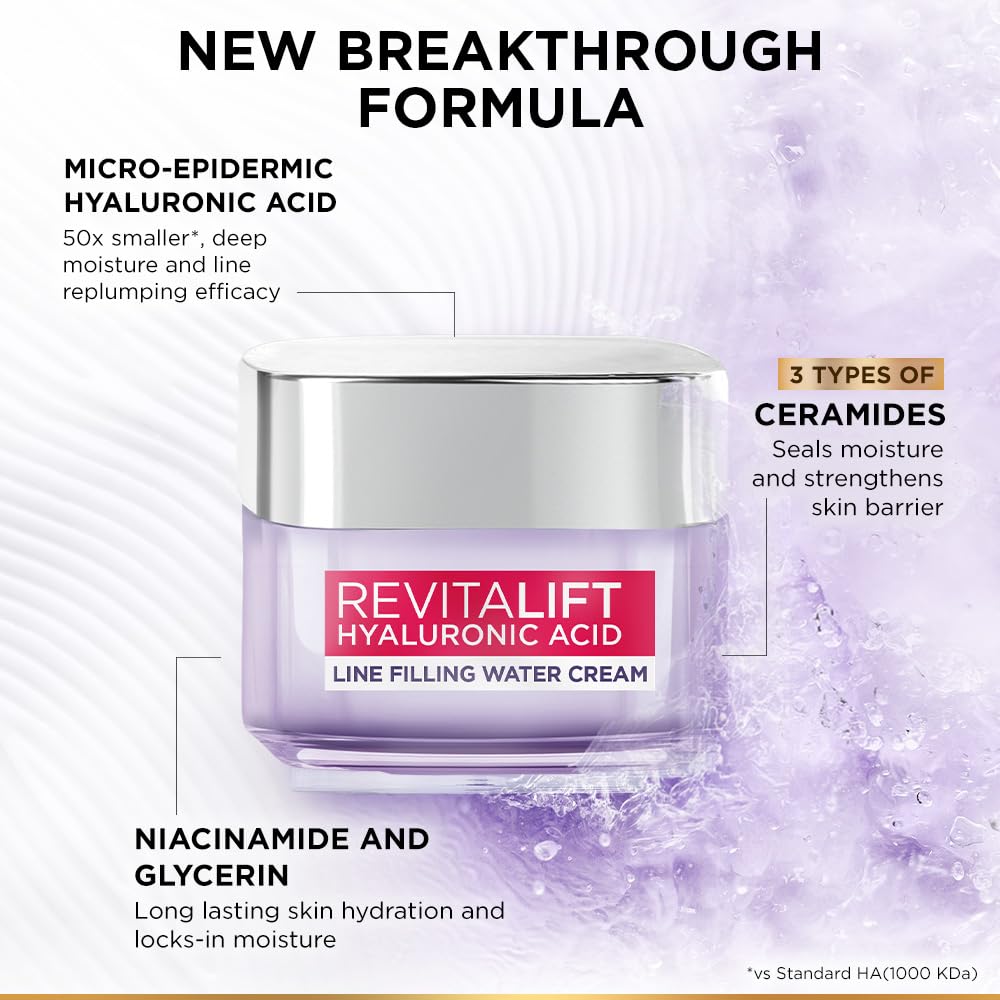L'Oréal Paris Hyaluronic Acid Line Filling Water Cream, Moisturiser, Hyaluronic Acid for Hydration, Replumps Skin, Ceramides for Skin Barrier Repair, Reduces Fine Lines, 50ml