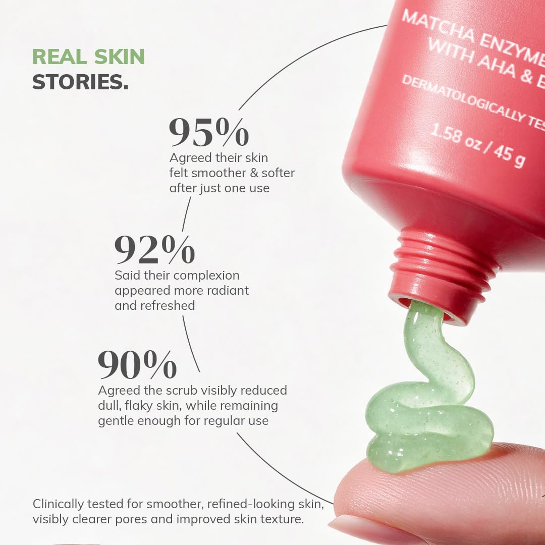 ClayCo Matcha Enzyme Face Scrub with AHA + BHA for Gentle Exfoliation, Deep Pore Cleansing, Blackhead Removal, Skin Brightening & Texture Refining for Oily, Acn