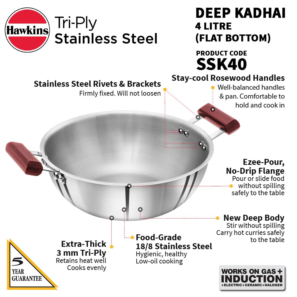 Hawkins 1.5 Litre Deep Fry Pan, Triply Stainless Steel Kadai, Flat Bottom Induction Kadhai, Small Kadai, Silver (SSD15)