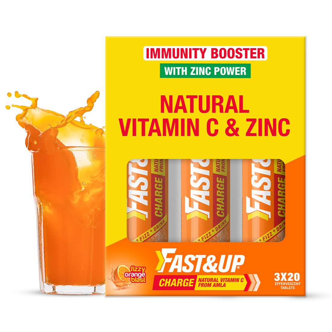 Fast&Up Charge Natural Vitamin C - 60 Effervescent Tablets, Amla Extract + Zinc for Daily Immunity | Helps to boost & Strengthens Collagen for Healthy Skin, Hai