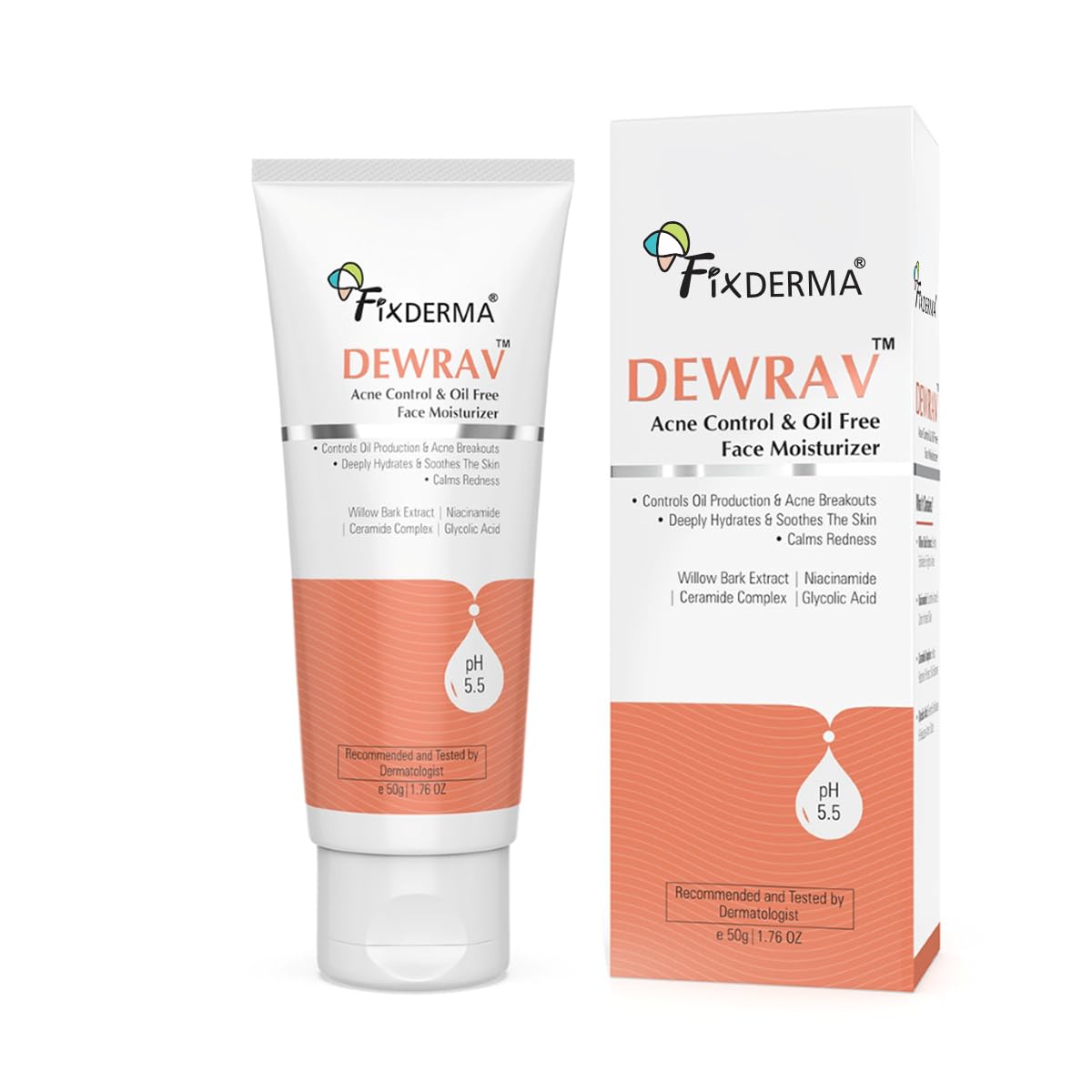 Fixderma Dewrav Acne Control & Oil Free Moisturizer for Face with Glycolic Acid | Niacinamide | Oily Skin | Face Moisturizer for Women & Men - 50 gm Acne 50 g (