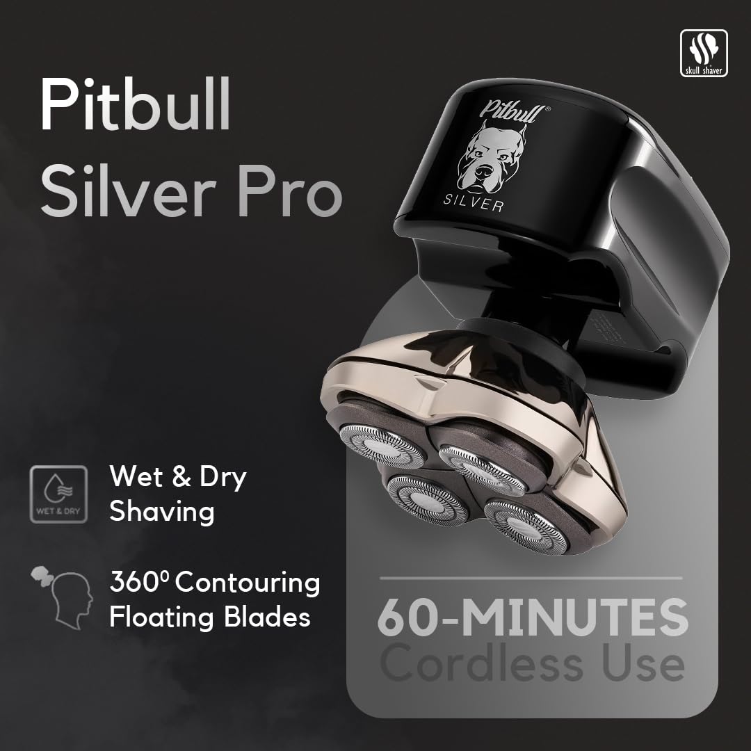 Skull Shaver Pitbull Silver PRO SX5 :Electric Head Shaver for Men, Wet & Dry Bald Head Shaver with Ergonomic Design - Perfect Grooming Kit & Gift for Men Single