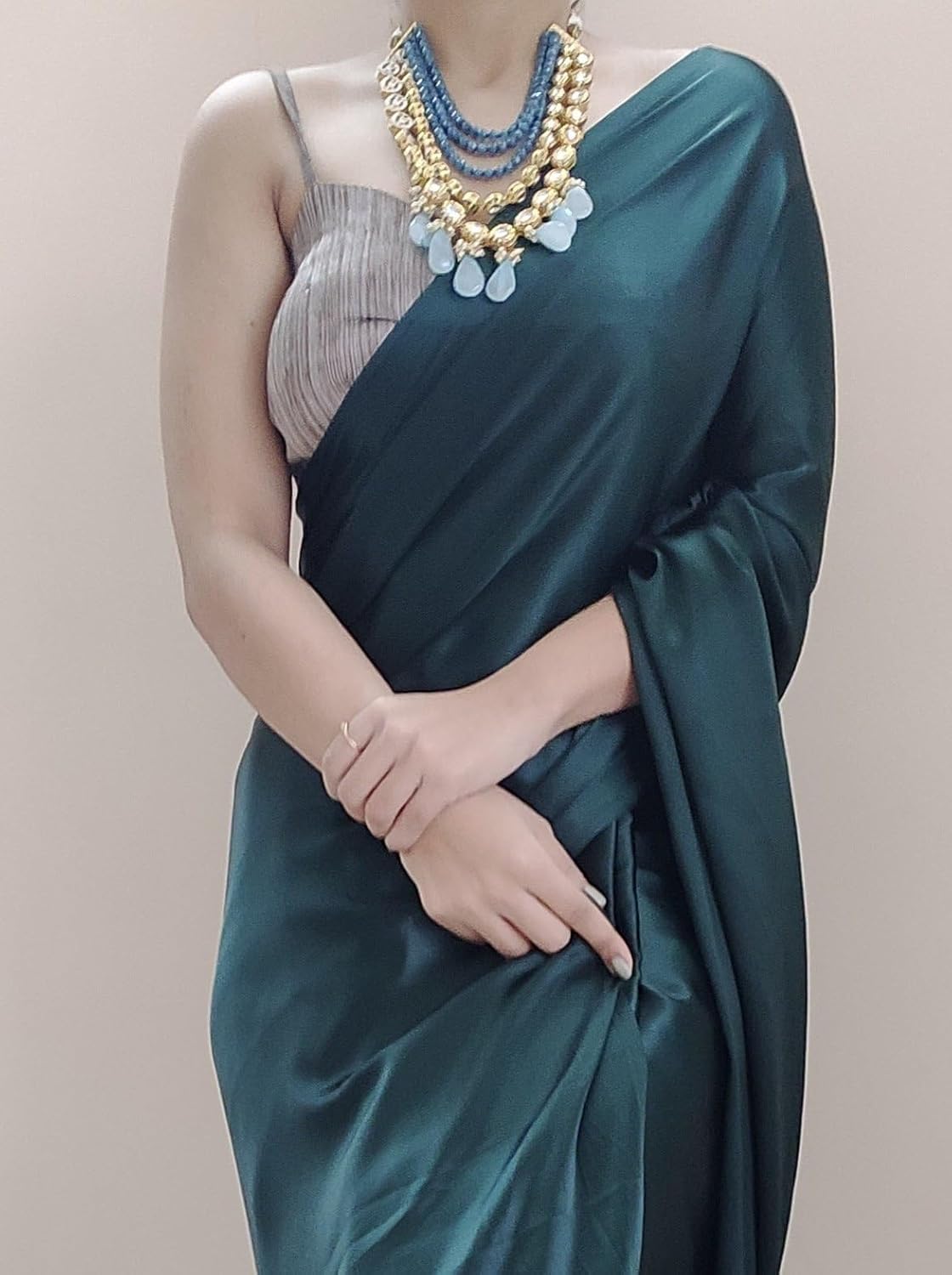 Women's Ready to Wear Satin Silk 1 Minute Pre Pleated Saree with Hand Work Tassels (Blackish Green) Free size Blackish Green