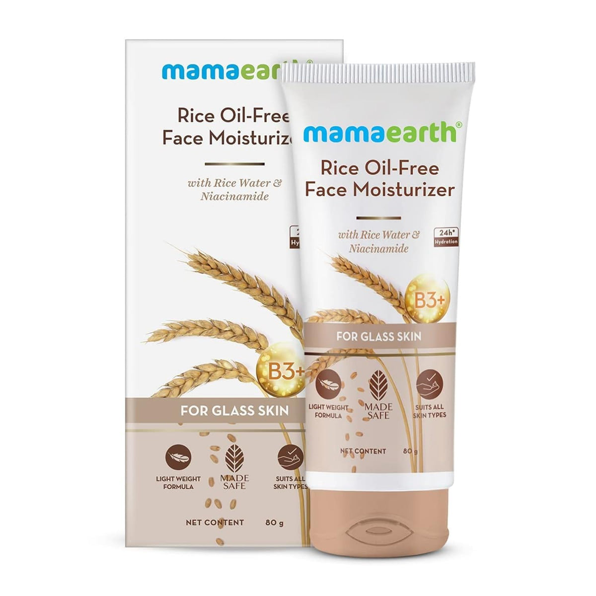 Mamaearth Rice Oil-Free Face Moisturizer for Oily Skin | With Rice Water & Niacinamide for Glass Skin | 24-Hour Hydration | Brightens Skin Tone | 80g 80 g (Pack