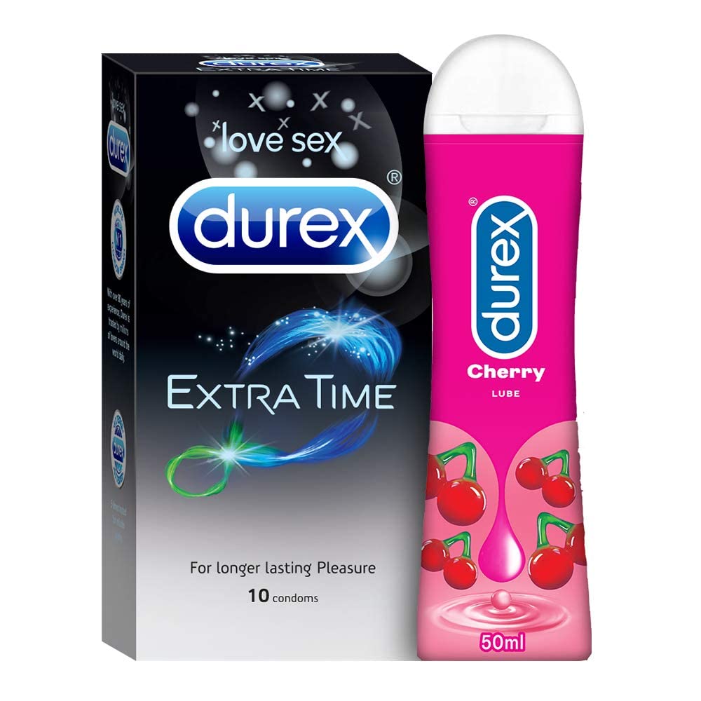 Durex Pleasure Packs (Cherry 50Ml, Extra Time 10S) Lubricant Gel Cherry 50ml & Extra Time Condom 10 count