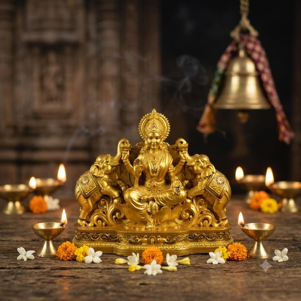 Goddess Lakshmi Laxmi Devi MATA Idol - 4.5 Inches Polystone Material Murti - Colour - Brass, Silver – Perfect Statue for Car Dashboard, Home, and Office Decor I