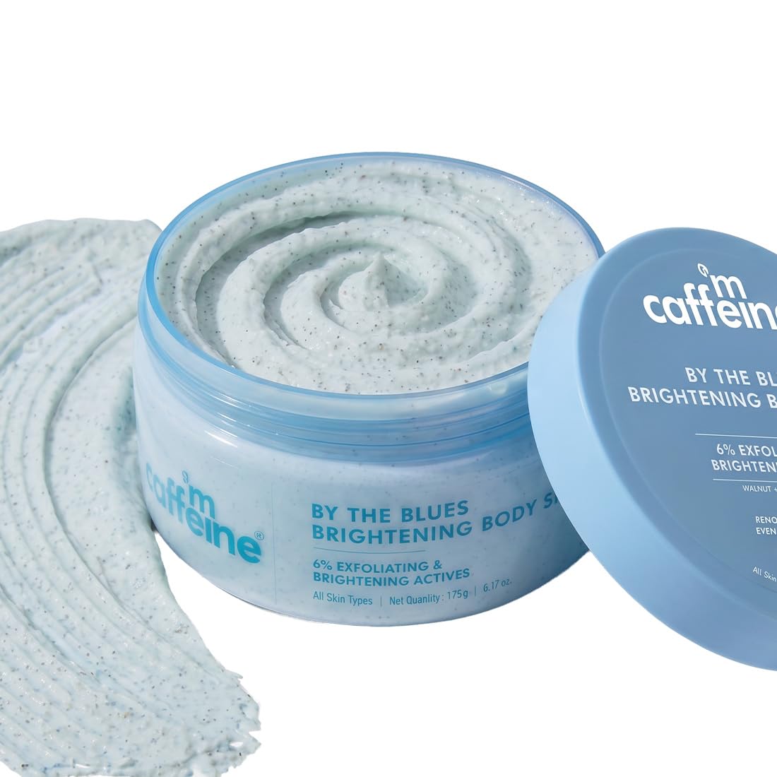 mCaffeine 2-in-1 By The Blues Exfoliating & Brightening Body Scrub | 6% Multi-Action Actives with Niacinamide, Walnut & Apricot | Glycerin for Hydration | Aqua-