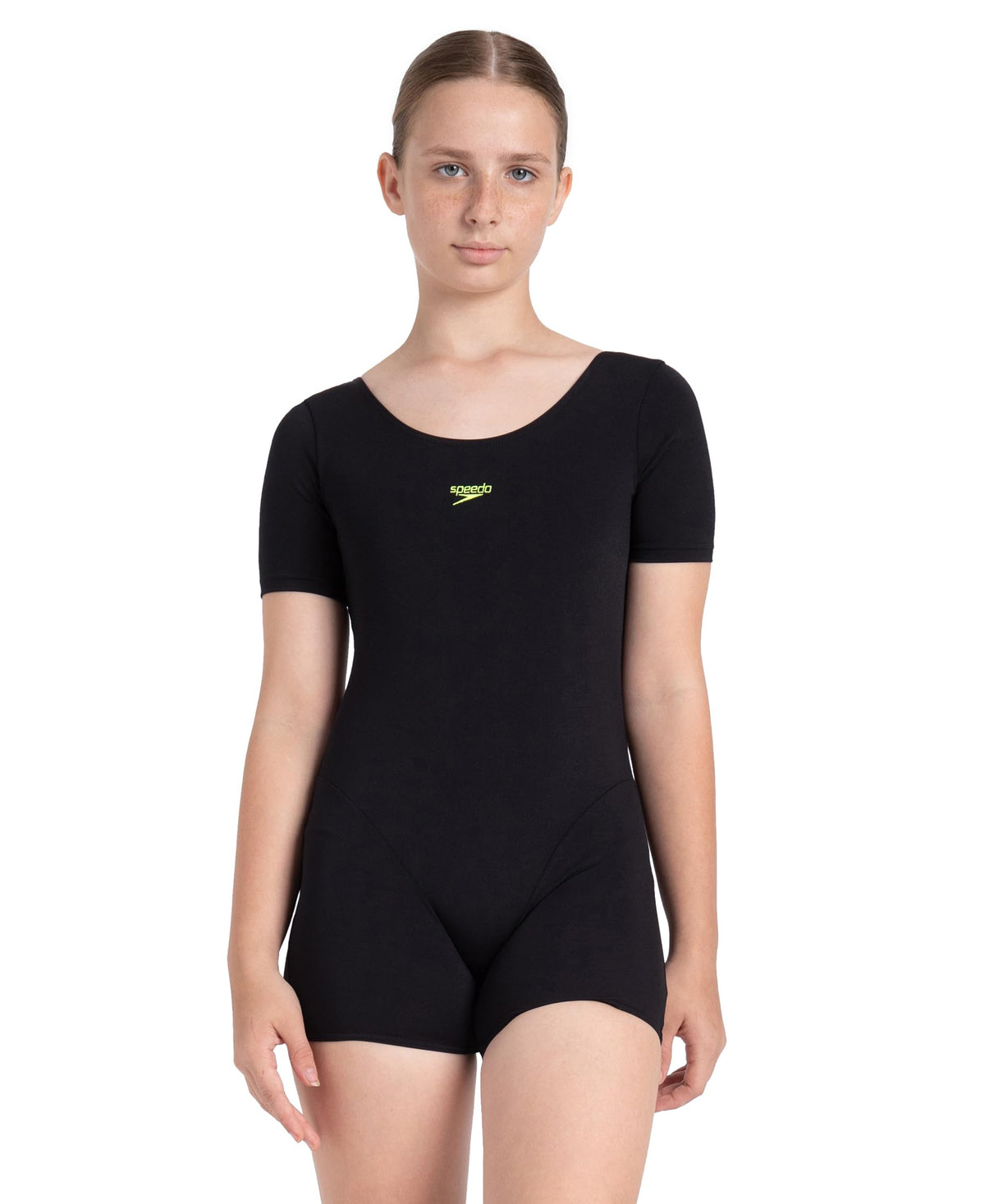 Speedo Girl's Endurance+ Sleeved Essential U-Back Legsuit - Black & Hyper Yellow Black & Hyper Yellow 5 Years-6 Years