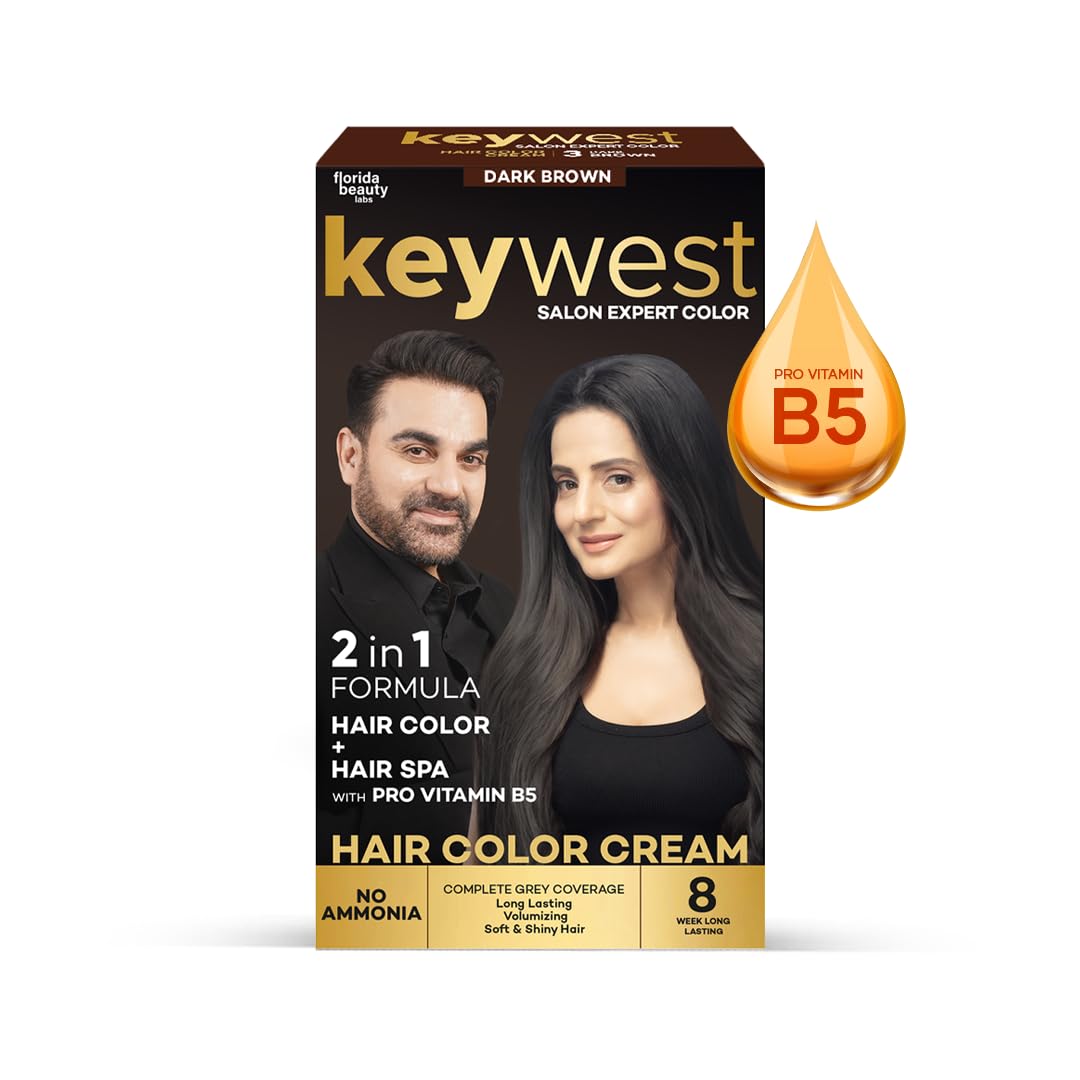 Keywest Crème Hair Colour Dark Brown - 130ml (Ammonia Free) | Hair Color Cream | 2in1 Formula Hair Color + Hair Spa with Pro Vitamin B5