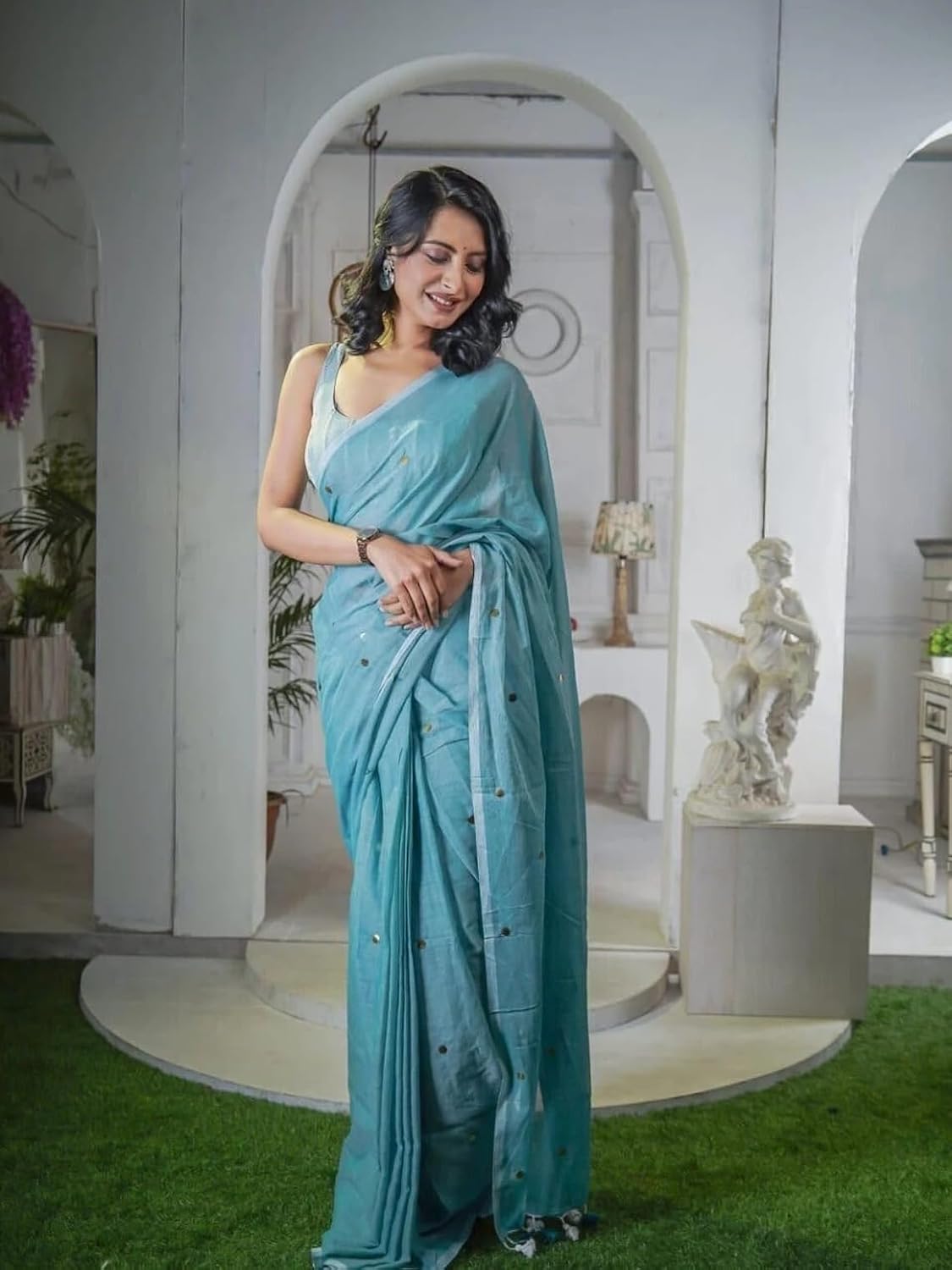 Women’s Khadi Cotton Saree with Blouse Piece | Soft Lightweight Plain Saree with Foil Butti Work Light Blue