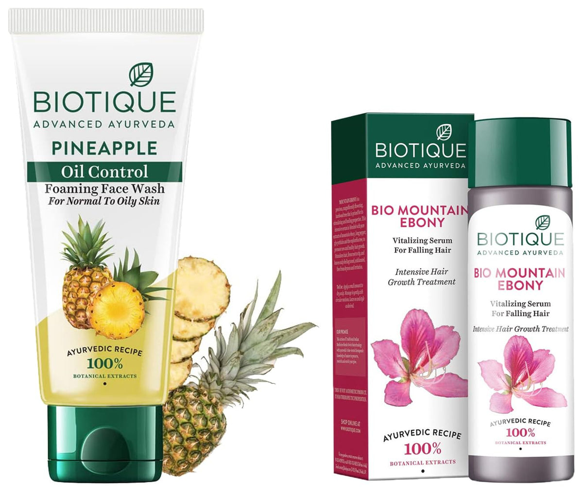 Biotique Bio Pineapple Oil Control Foaming Face Wash, 150ml And Biotique Bio Mountain Ebony Vitalizing Serum For Falling Hair Intensive Hair Growth Treatment, 1
