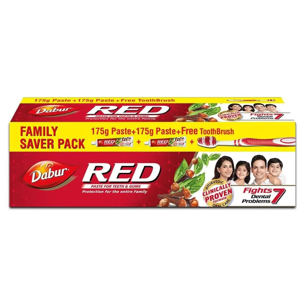 Dabur Red Toothpaste - 350g (175g x2) Family Pack with Toothbrush | Fluoride Free| Helps in Bad Breath Treatment, Cavity Protection, Plaque Removal | For Whole Mouth Health| Power of 13 Potent Ayurvedic Herbs