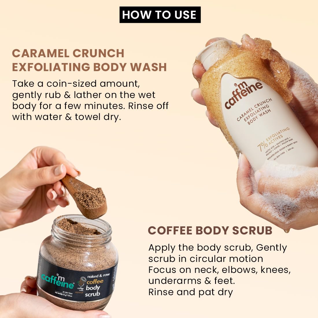 mCaffeine Deep Exfoliation Body Combo | Exfoliating Coffee Body Scrub Powder Jar for Tan Removal & Soft-Smooth Skin | 7% Exfoliating Body Wash | Reduces Body Ac