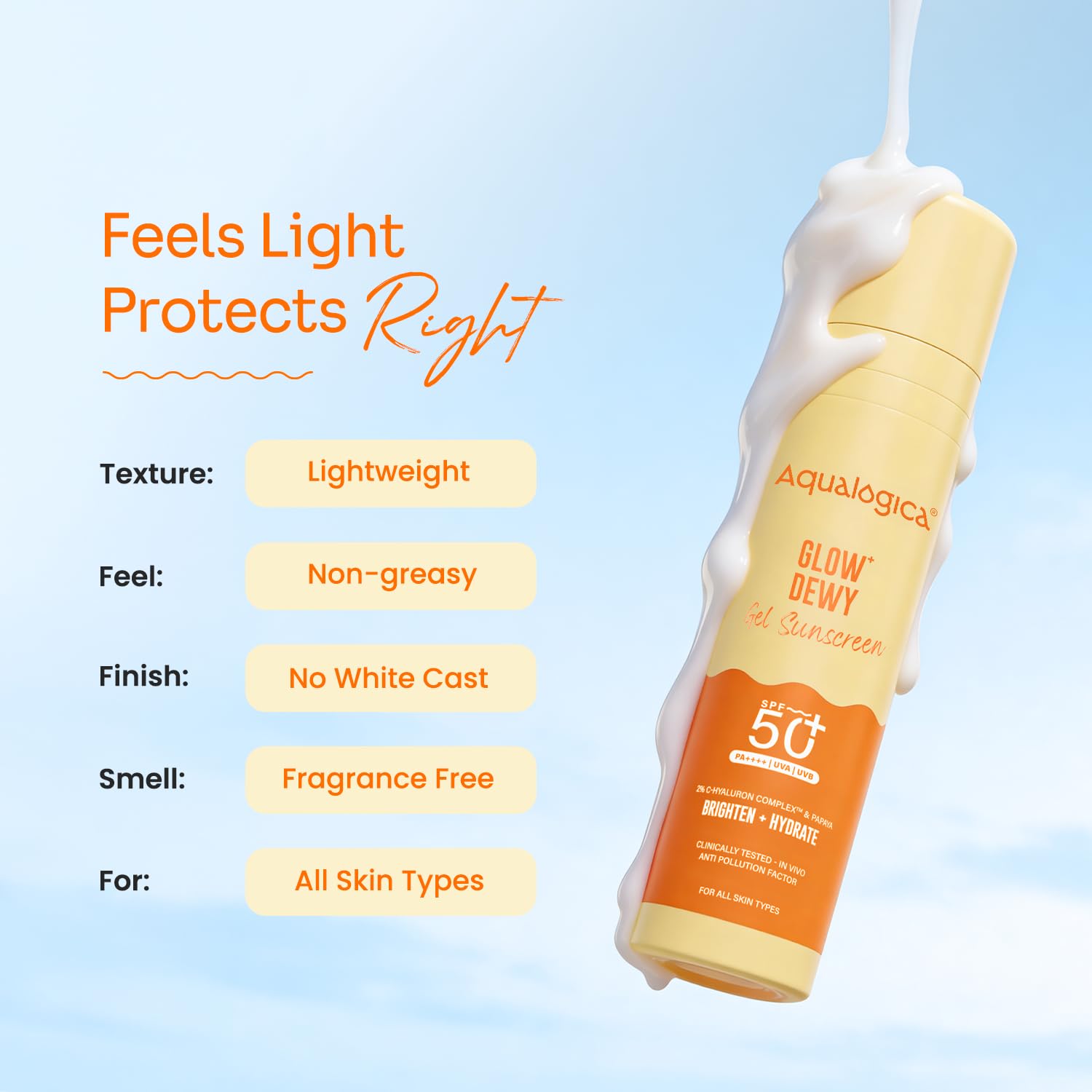 Aqualogica Glow+ Dewy Gel Sunscreen - 50 g | SPF 50+ PA++++ | In-Vivo Tested | New-age Filters | 12-Hour* Sun Protection | Tan Protection