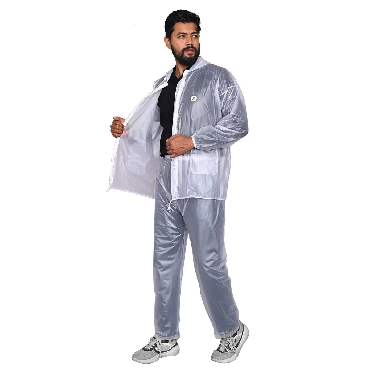 Allextreme Kinder Men Universal Raincoat, waterproof Rainsuit with Adjustable Hood, Drawstring Hem Set of Top & Bottom with Carrying Pouch (White, XXL)
