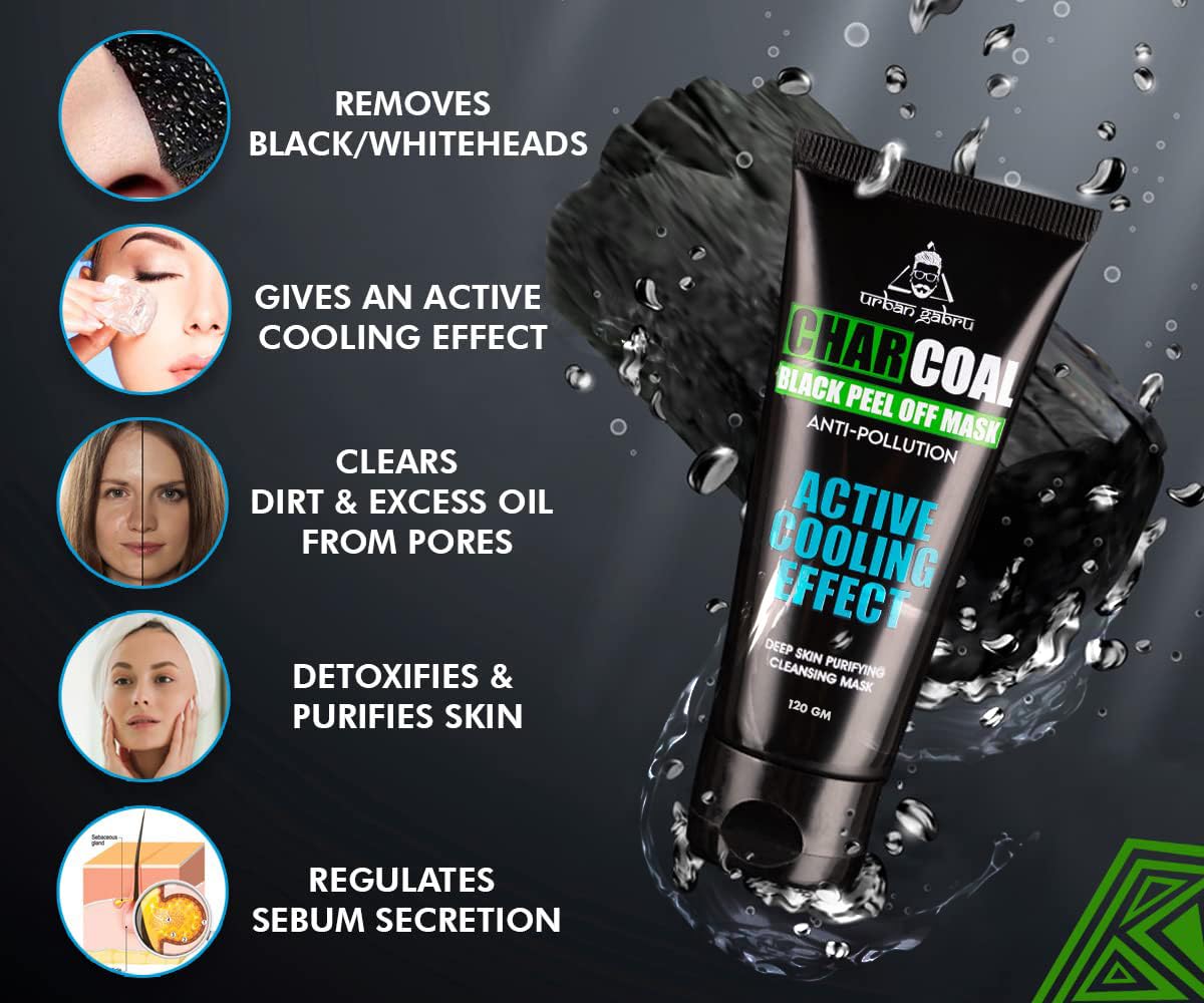 UrbanGabru Charcoal Black Peel Off Mask for Men & Women | Removes Blackheads and Whiteheads | Active Cooling Effect | Deep Skin Purifying Cleansing (60 gm) 60 G