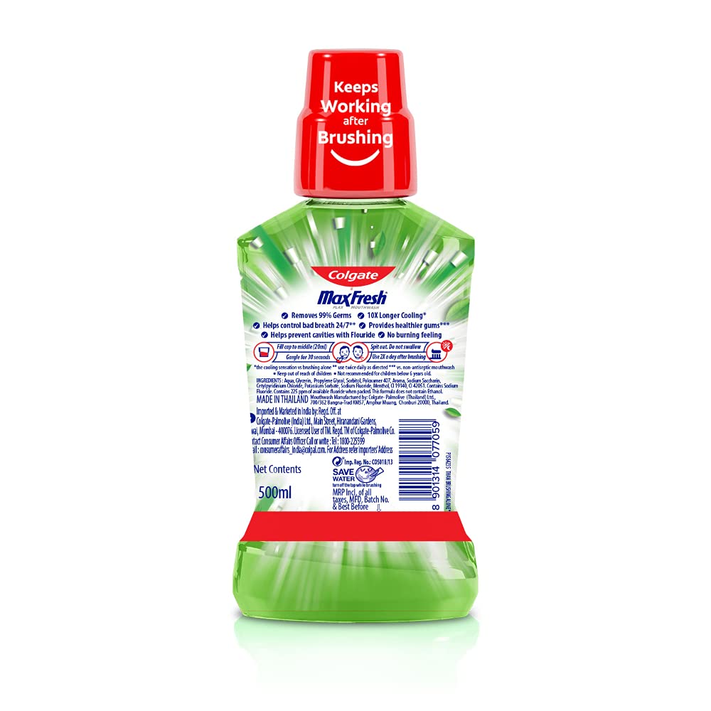 Colgate Plax Fresh Tea Mouthwash, 0% Alcohol, Antibacterial Mouth Wash for Bad Breath, Cavity Protection & Germ Defense for Adults, 500ml Fresh Tea 500 ml