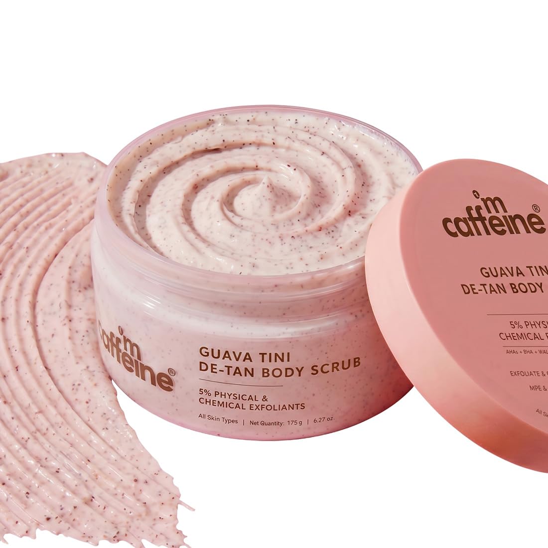 mCaffeine Dual Action Guava De-Tan Body Scrub with 5% Natural & Chemical Exfoliants | Glycolic, Lactic & Salicylic Acid | Reduces Tan & Brightens Skin | Fruity,