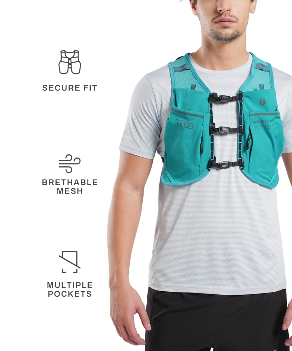TEGO Pacer Lite Running Hydration Vest | Lightweight Minimalist Running Vest | Compatible with 200 ml / 250 ml / 500 ml Soft Flasks | Reflective | for Running &