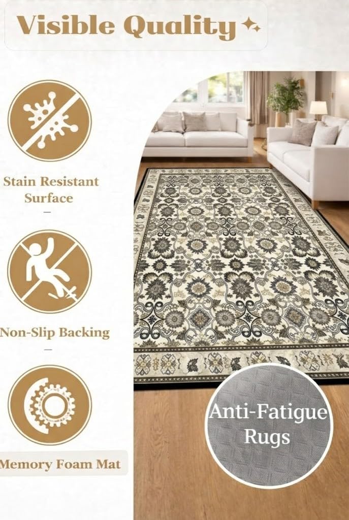 HOMETHREADS Vintage Light Luxury 5x7 Feet Area Rug | 11mm Thick Soft Anti-Fatigue Cushioned Carpet with Non-Slip Backing for Living Room, Bedroom, Studio, Loung