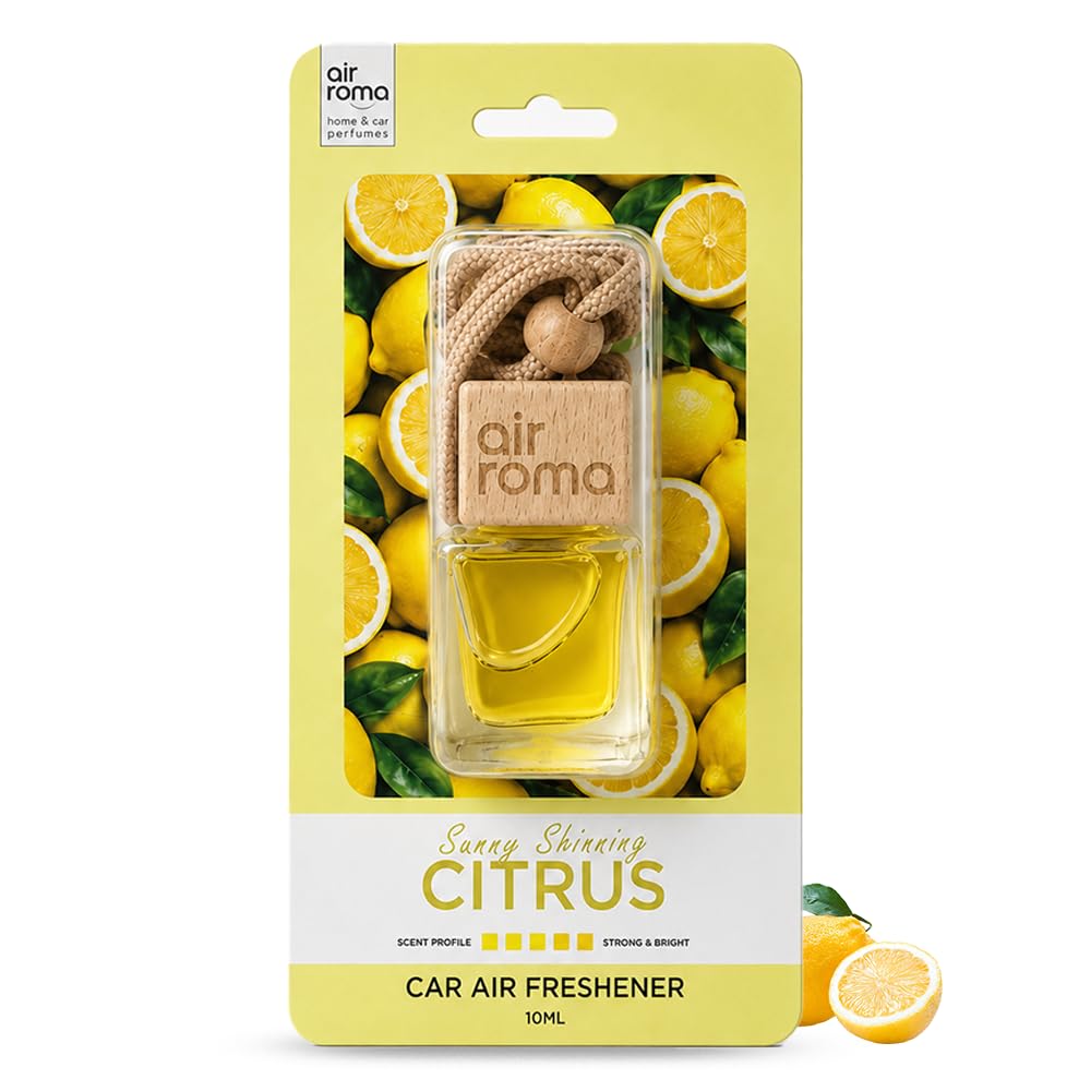 AIR-ROMA Citrus Car Hanging Air Freshener & Perfume (10 ml) – Energizing Lemon Zest Glass Diffuser Bottle for Car Rearview Mirror & Long-Lasting Odor Eliminatio