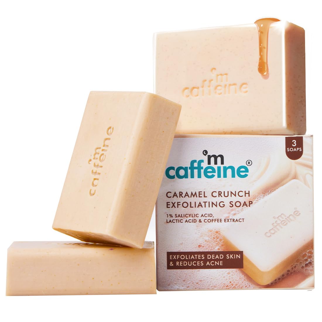 mCaffeine Exfoliating Tan Removal Soap - 1% Salicylic Acid & Lactic Acid - Pack of 3x100g | Coffee & Exfoliating Particles - Soft, Glowing Skin | Sweet Caramel