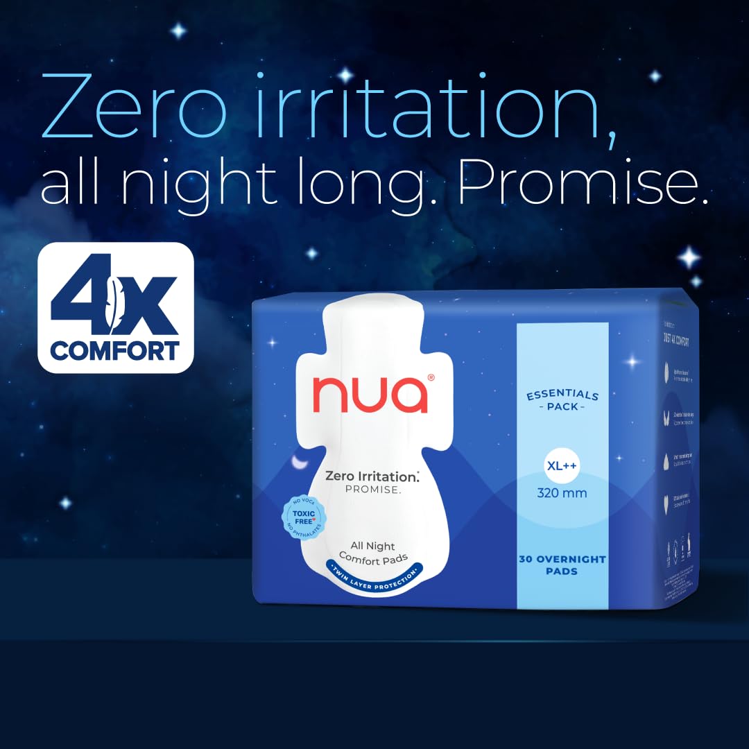 Nua All Night Comfort Sanitary Pads | Pack of 60 (XL++ 320mm) | Twin Layer Protection | 50% Wider Back and Anti Stain Wings | Upto 10 hours of Absorption | Supe