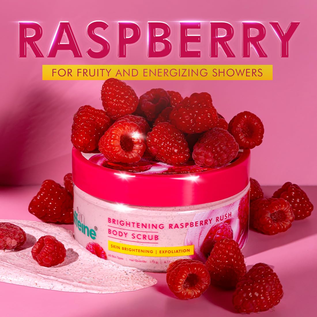 mCaffeine Brightening Raspberry Body Scrub | Tan Removal | AHAs - Lactic & Glycolic Acid, Niacinamide | Vitamin C Rich for Brighter, Soft Skin | Remove Dry, Dea