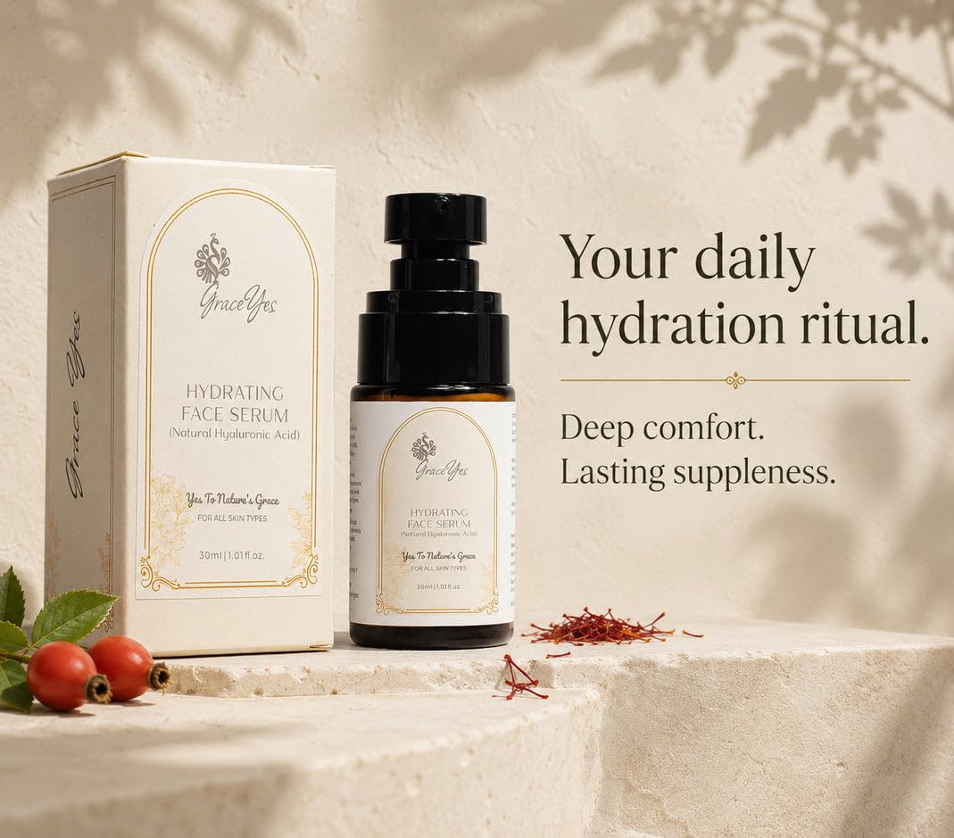Hydrating Face Serum with Hyaluronic Acid, Rosehip & Saffron | For Dry, Dehydrated Skin, Plump & Dewy Look | Paraben & Silicone Free | 30 ml