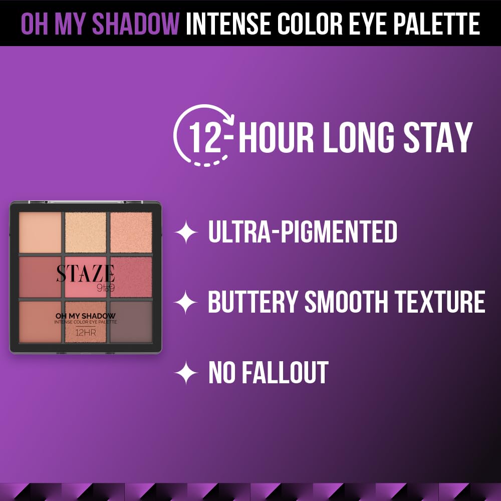 Staze 9to9 Oh My Shadow Eye Palette Ultra-pigmented 12 Hrs Long Lasting and Easily Blendable Mix of Matte & Shimmer Eyeshadows 01 Cocktail 11g