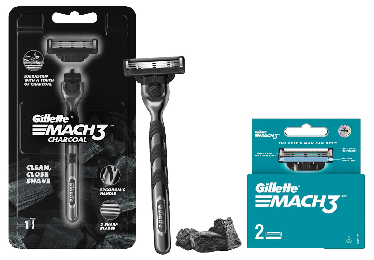 Gillette Mach3 Charcoal Shaving Razor for Men with New Enhanced Lubrastrip with a Touch of Charcoal for a Clean Close Shave & Gillette Mach 3 Manual Shaving Raz