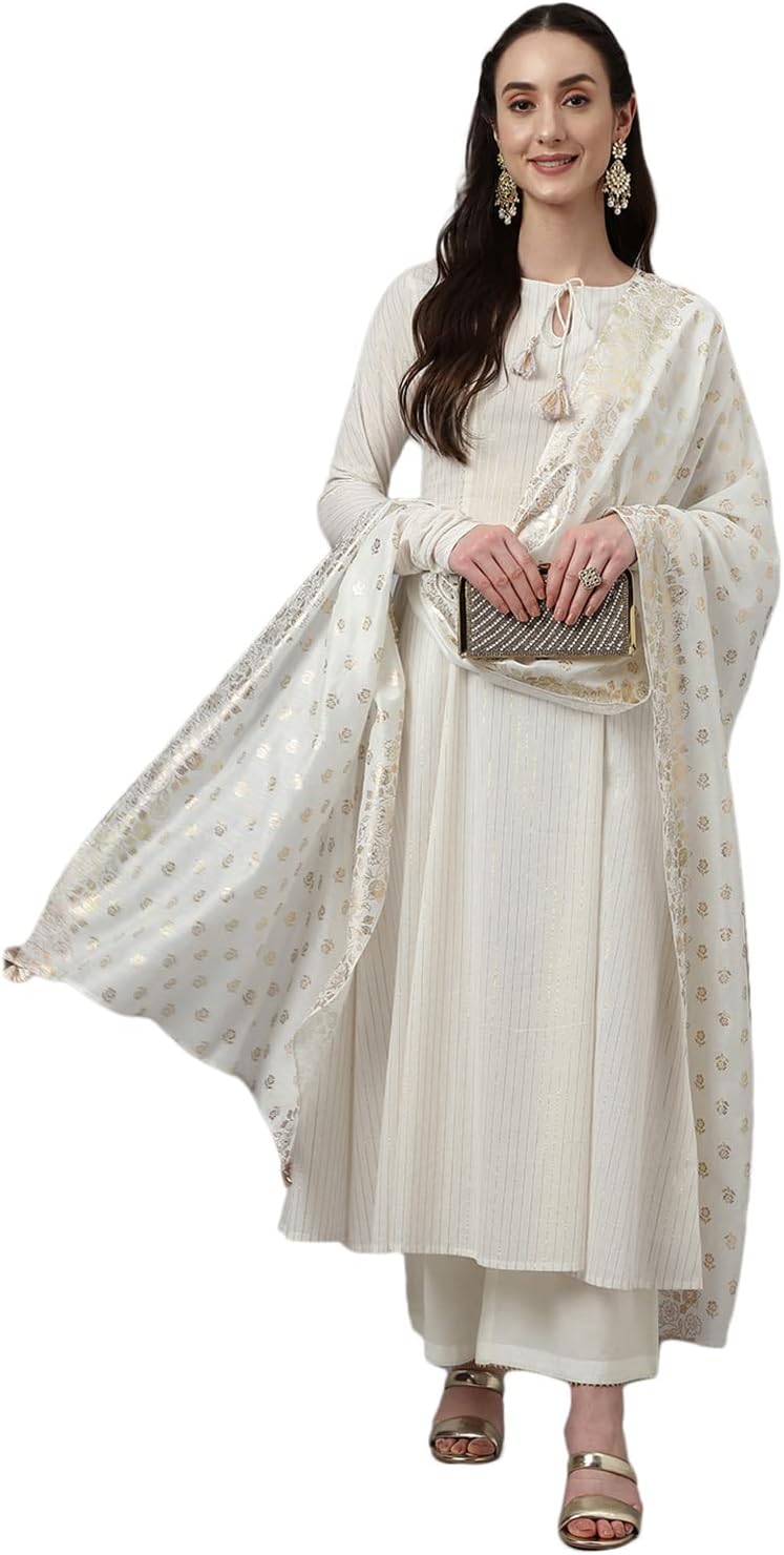 FIORRA Women's Off White Pure Cotton Flared Kurta with Palazzo and Dupatta Small Off-white