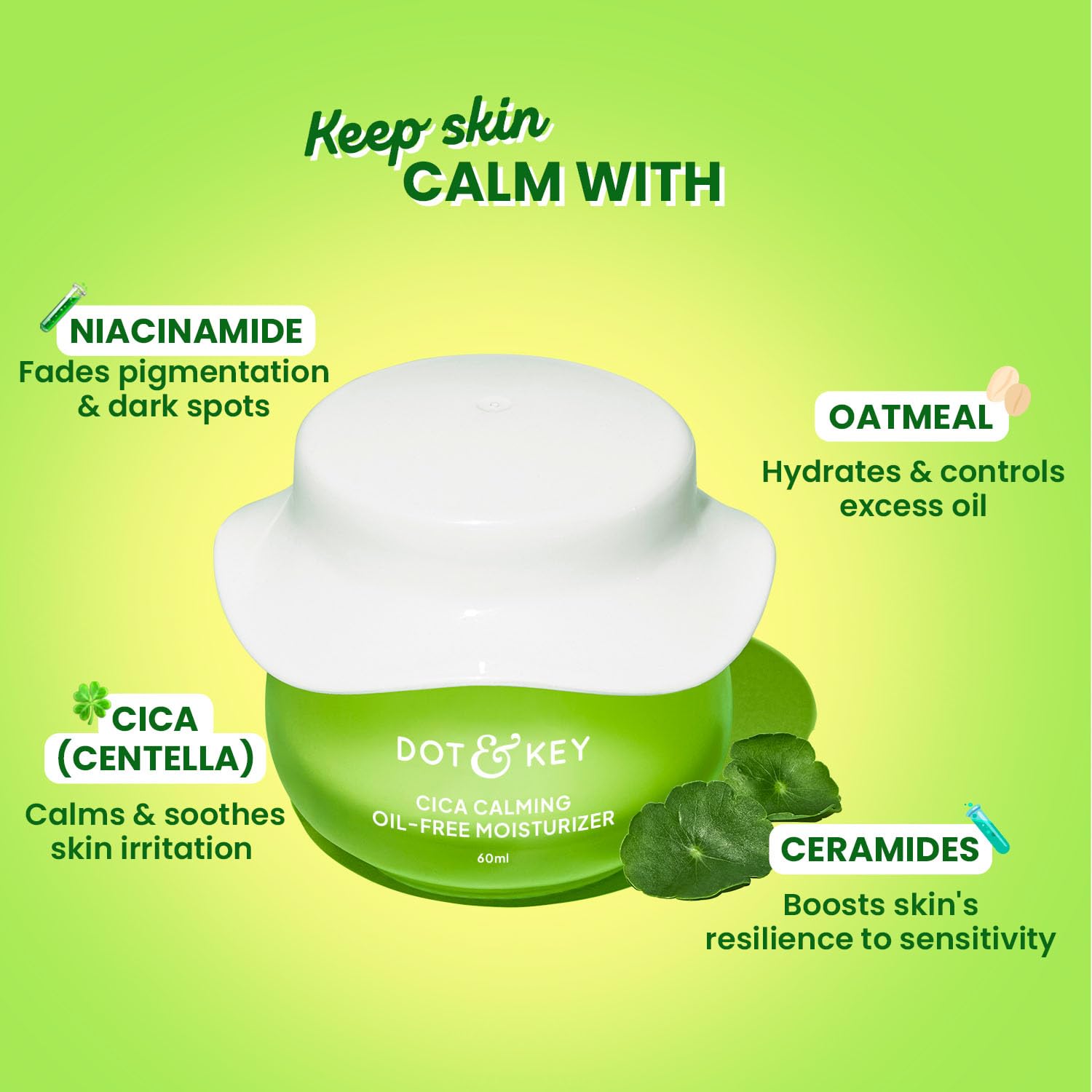 Dot & Key Niacinamide + CICA (Centella) Oil Free Moisturizer | Lightweight Face Cream for Oily, Sensitive & Acne Prone Skin | Fades Dark Spots, Blemishes & Soothes Redness | 60ml Jar