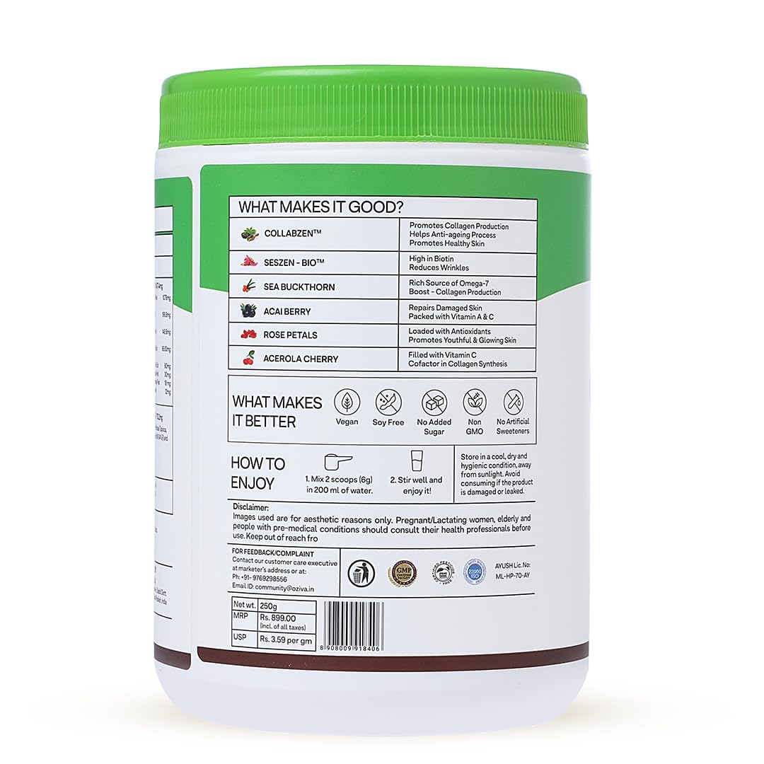 OZiva Vegan Collagen (Tangy Amla) for Skin, Hair & Nails | 200g (Pack of 1) and OZiva Bioactive Glutathione Tablets for Radiant Skin - 30 Effervescent Tablets (