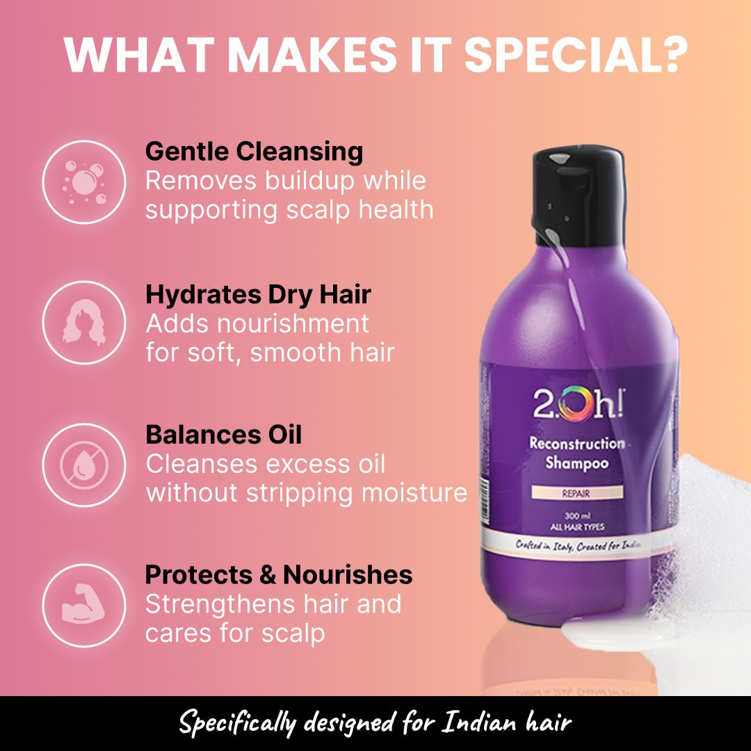 2.Oh! Italian Reconstruction Shampoo for Frizzy and Dry Hair | Oily Scalp Tri-Surfactant Formula | Repairs Dull Damaged Hair | Prevents Frizz and Breakage | For