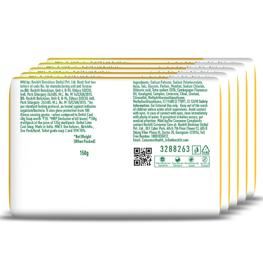Dettol Lime Fresh (Lime Cool) Bathing Soap Bar with 12hr Freshness (750gm) |Long Lasting Freshness, 150gm Pack of 5 (3308672) 150 g (Pack of 5)
