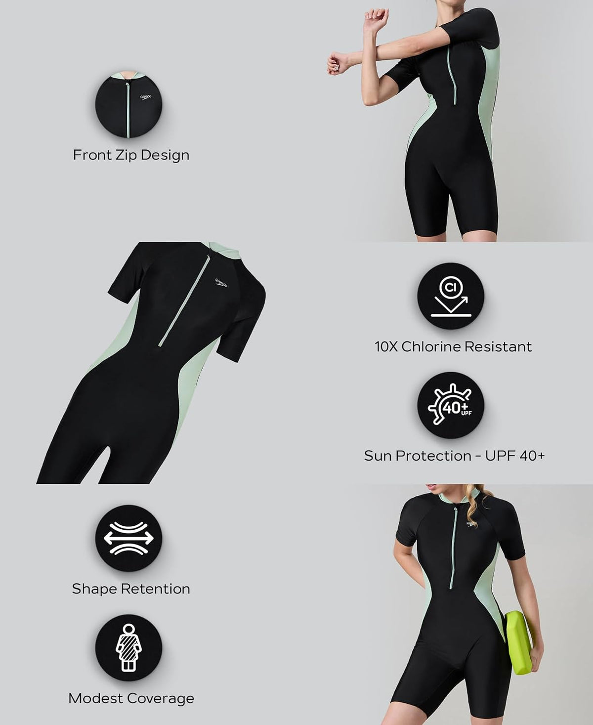 Speedo Women's Endurance10 Essential Panel Kneesuit Swimming Costume Swimwear Black & Pale Adventure M