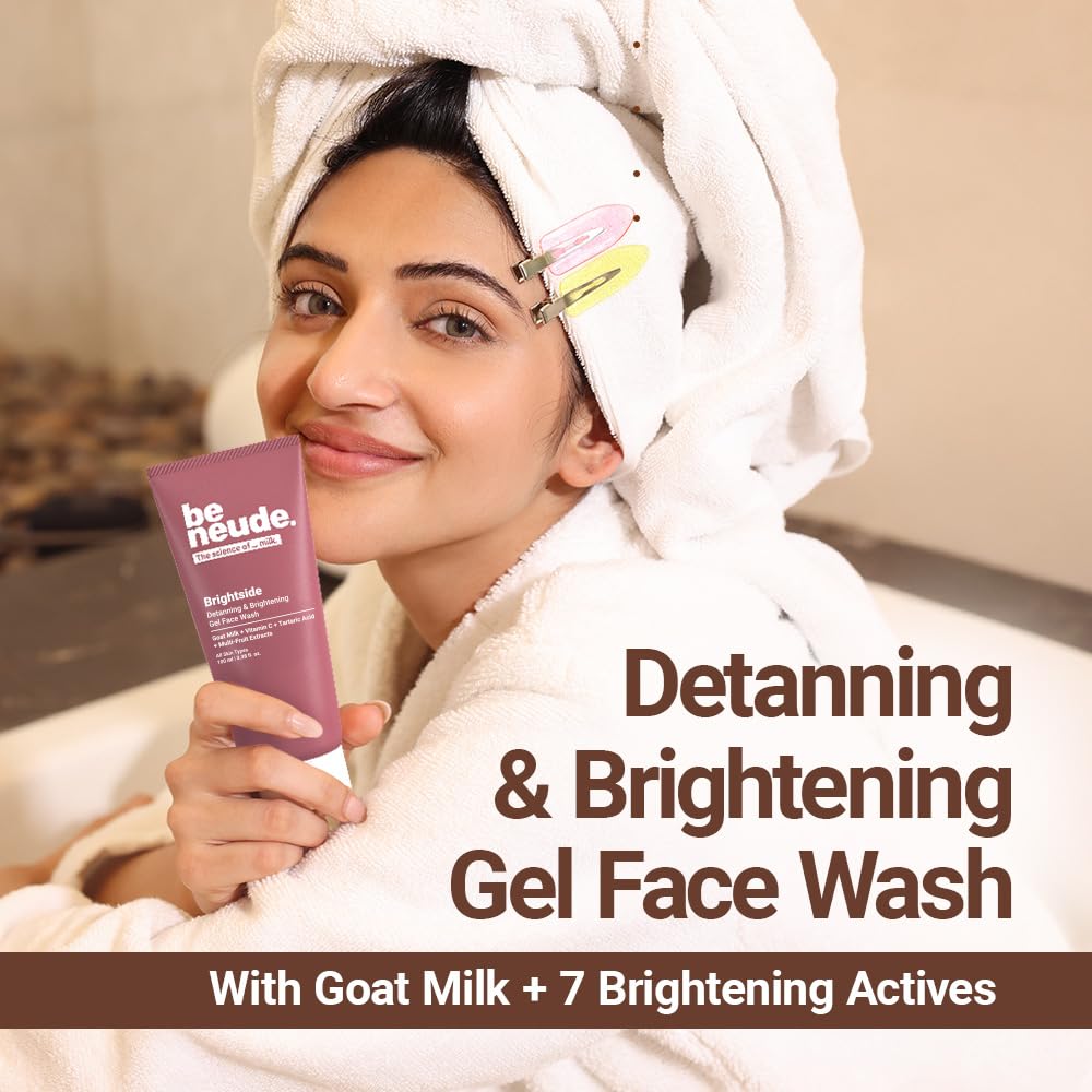 Be Neude Brightside 100ml Detan & Brightening Gel Face Wash with Goat Milk, Vitamin C & Tartaric Acid for Dark Spot Removal, Pigmentation & Glow, Face Wash for